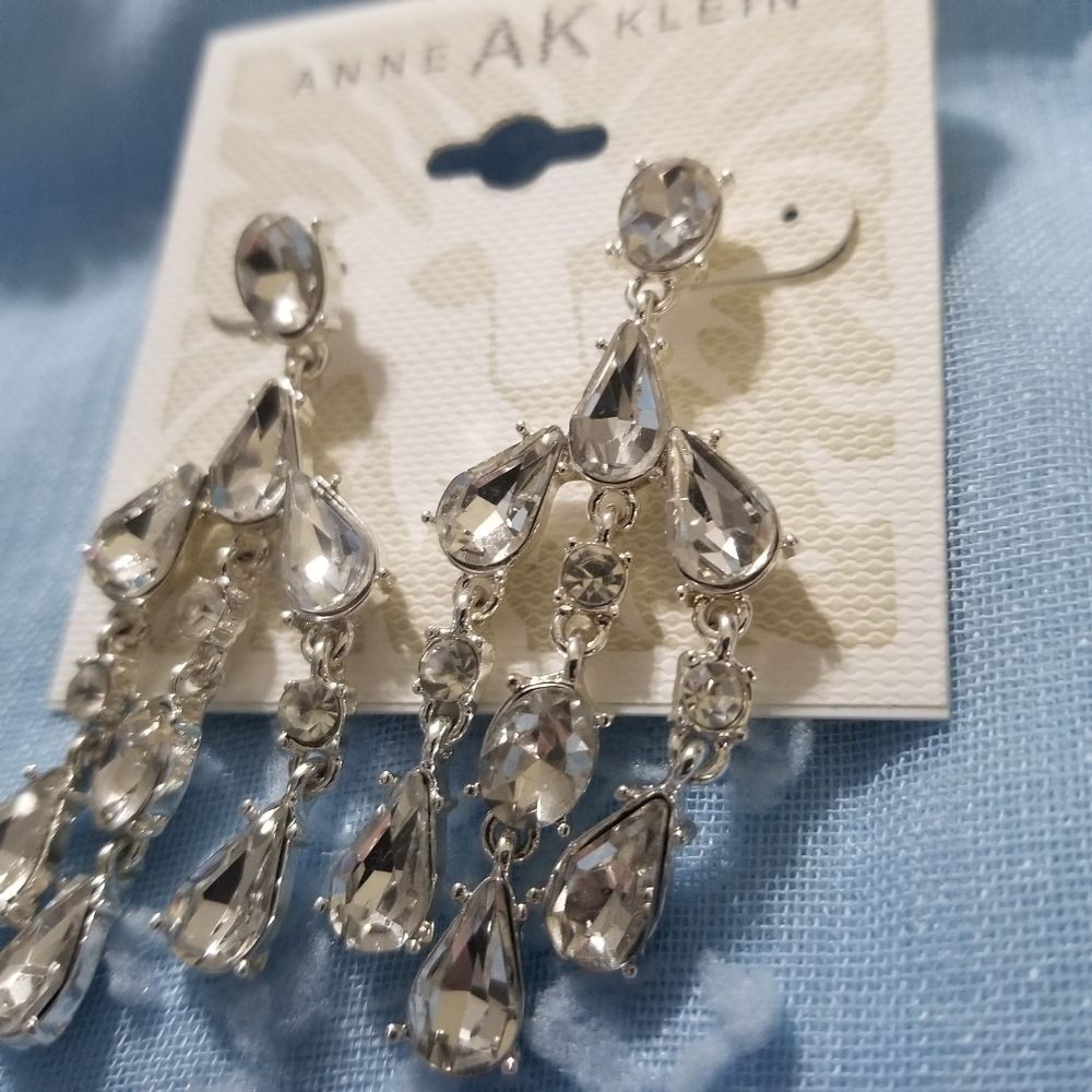 Anne Klein Chandelier Silvertone Clear Rhinestone Earrings